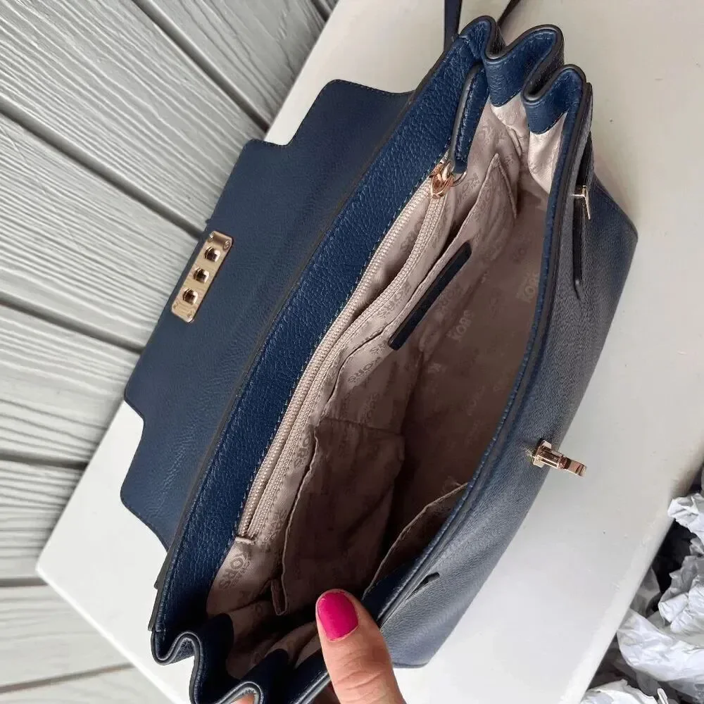 Michael Kors Navy Leather Satchel Crossbody Bag Gold Hardware Top Handle